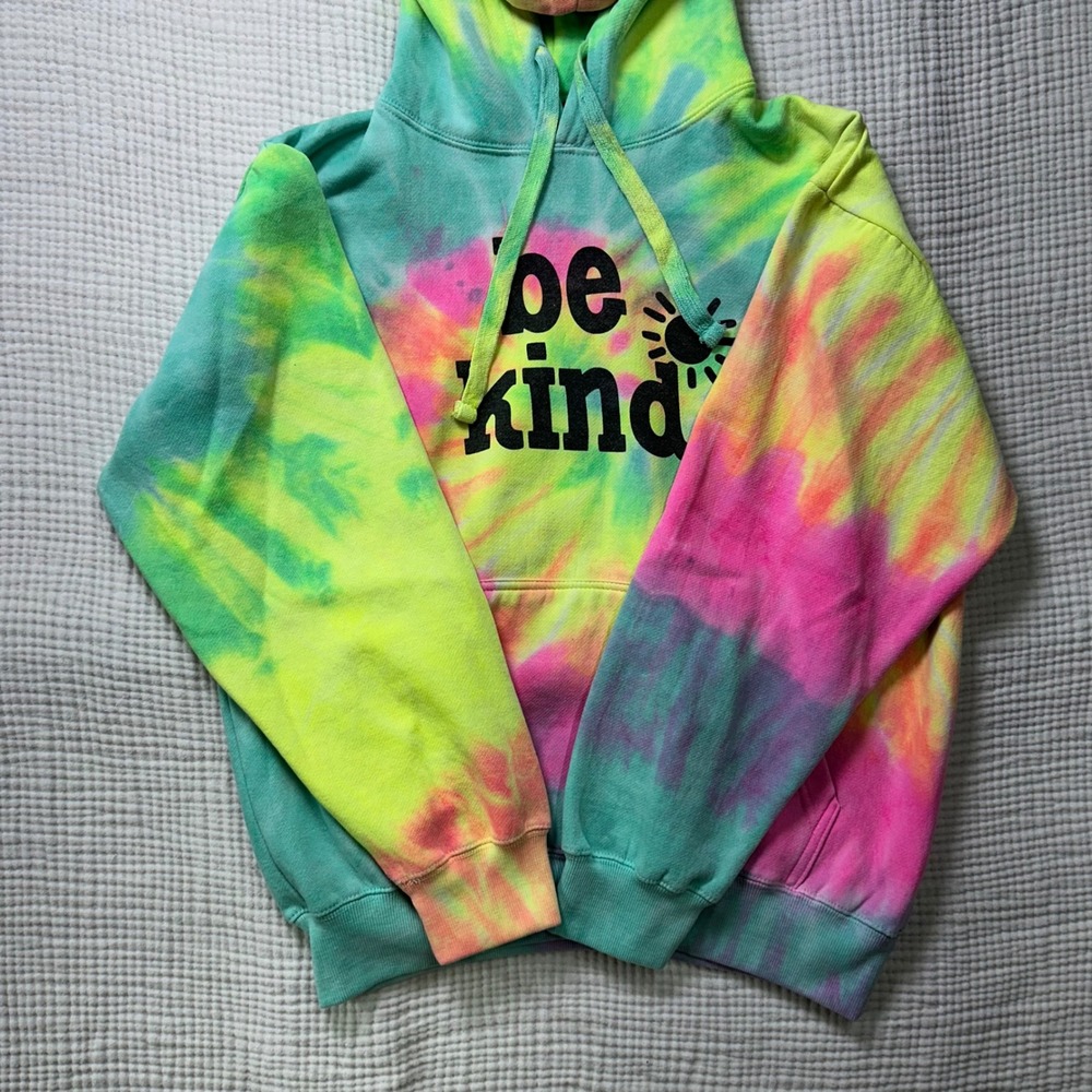 Unisex Be Kind Bright Rainbow Tie Dye Hoodie Graphic Sweatshirt Size Large - Picture 5 of 8